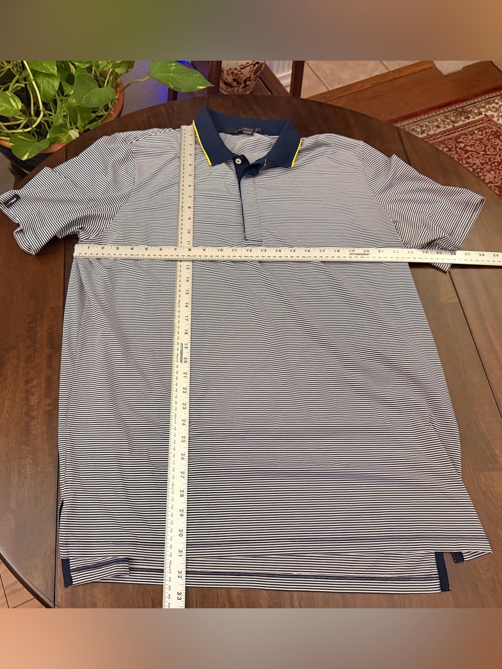 Ralph Lauren Navy and White Thin-Striped Polo with Yellow Trim
